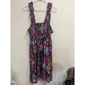 Women's linen spaghetti strap smocked boddace midi length calico print sundress